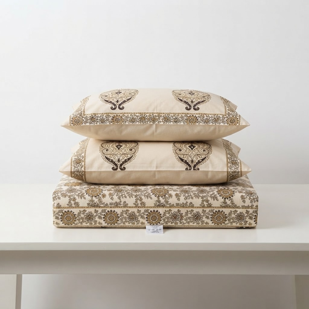 Motif_detail_close-up_Neatly_folded_bedsheet_with_pi